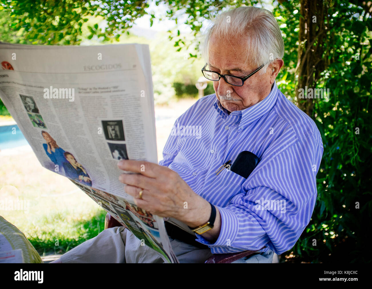 Senior adult man reading newspaper in the garden Stock Photo Alamy