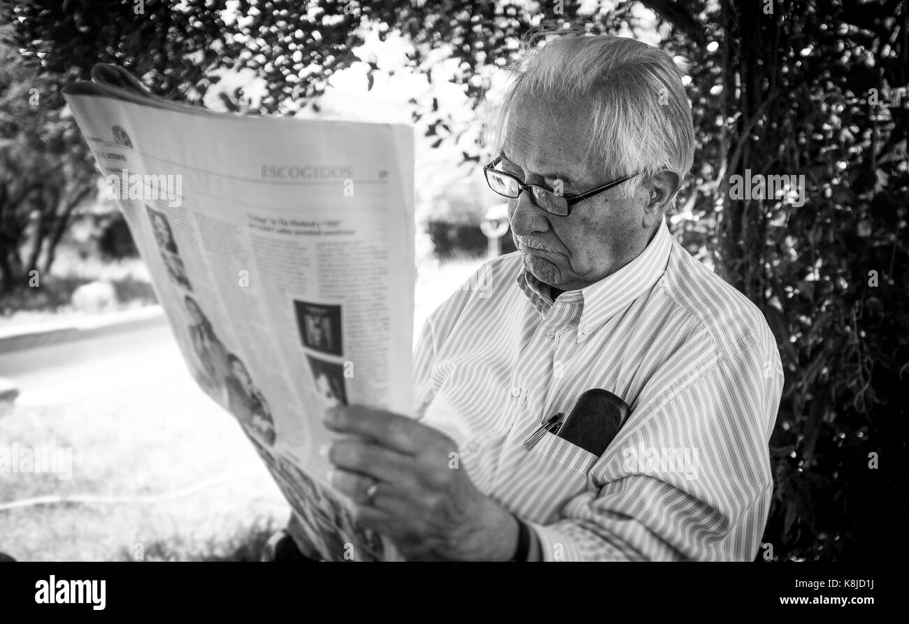 Senior adult man reading newspaper in the garden Stock Photo Alamy
