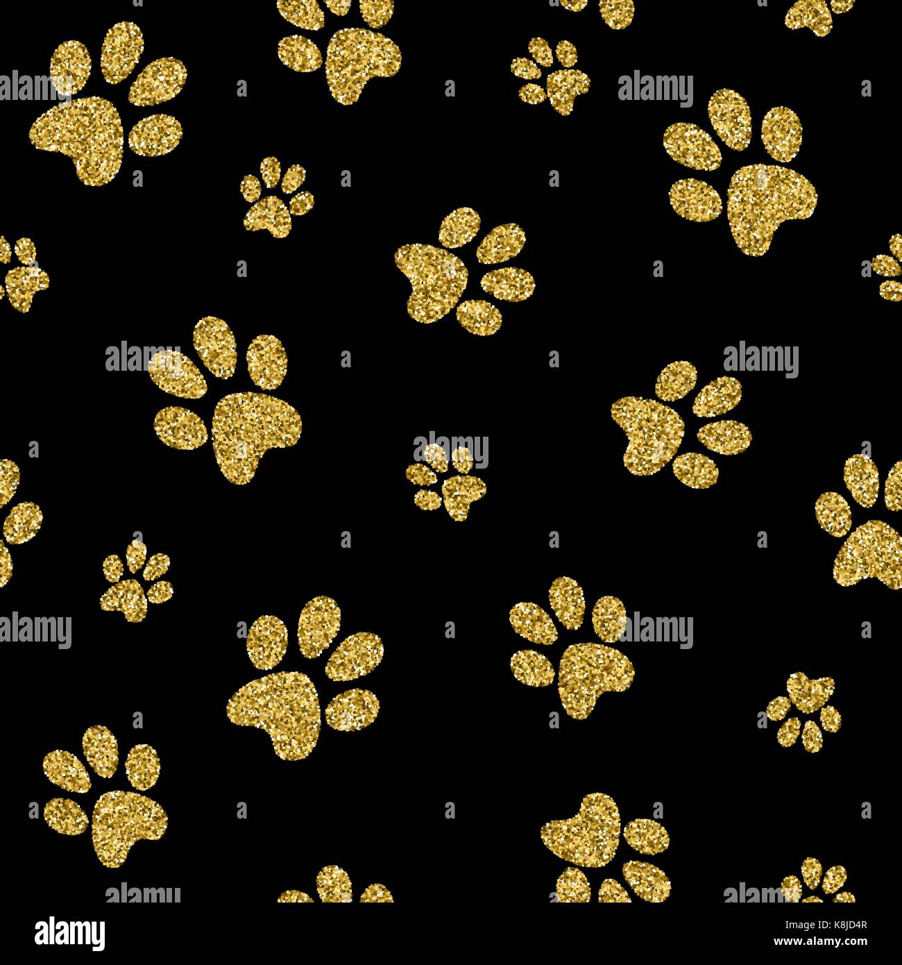 Gold dog paw seamless pattern, pet background in luxury golden glitter style. Ideal for doggy product. EPS10 vector. Stock Vector
