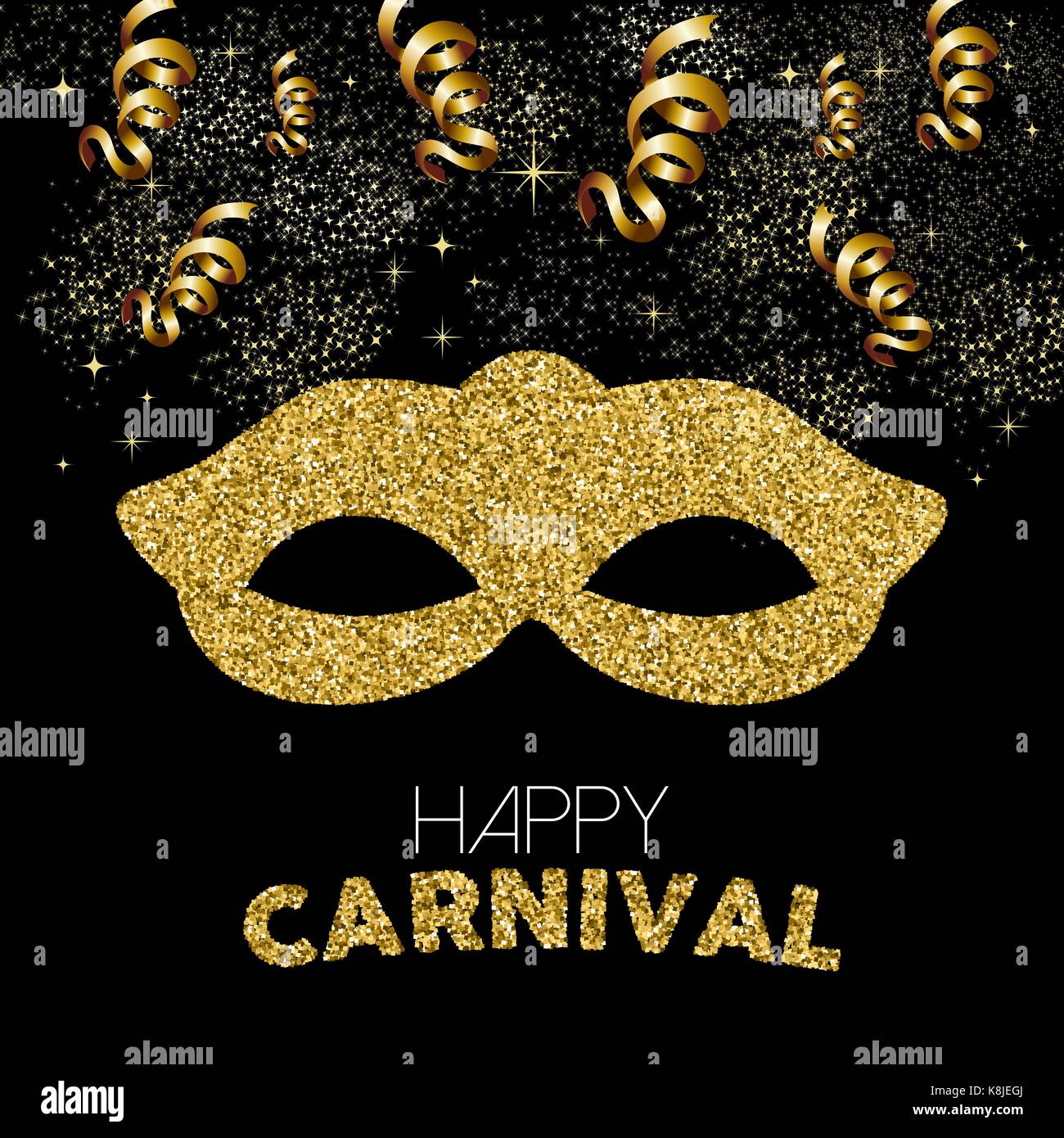 Gold carnival celebration design. Costume mask made of golden glitter with text quote, party streamers and confetti. EPS10 vector. Stock Vector