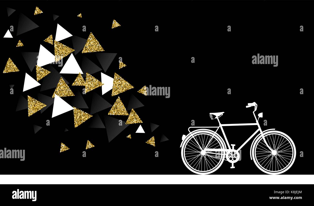 Modern gold bike concept, bicycle silhouette with geometry shapes abstract design made of golden glitter texture. EPS10 vector. Stock Vector