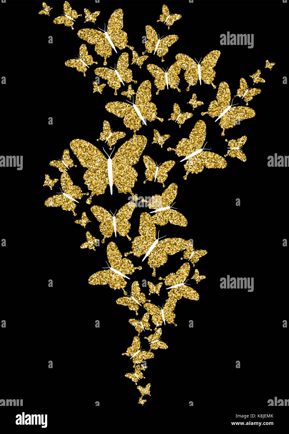 Gold spring butterflies flying on empty background, concept illustration. Butterfly group made of golden glitter texture. EPS10 vector. Stock Vector