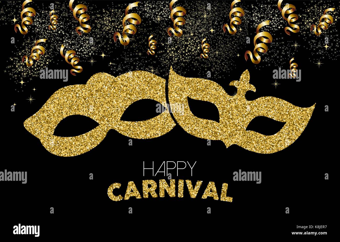 Gold carnival celebration design. Costume mask made of golden glitter with text quote, party streamers and confetti. EPS10 vector. Stock Vector