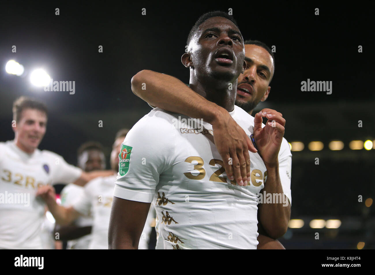 Leeds United's Hadi Sacko celebrates scoring his side's first goal of the game during the Carabao Cup, third round match at Turf Moor, Burnley. Stock Photo