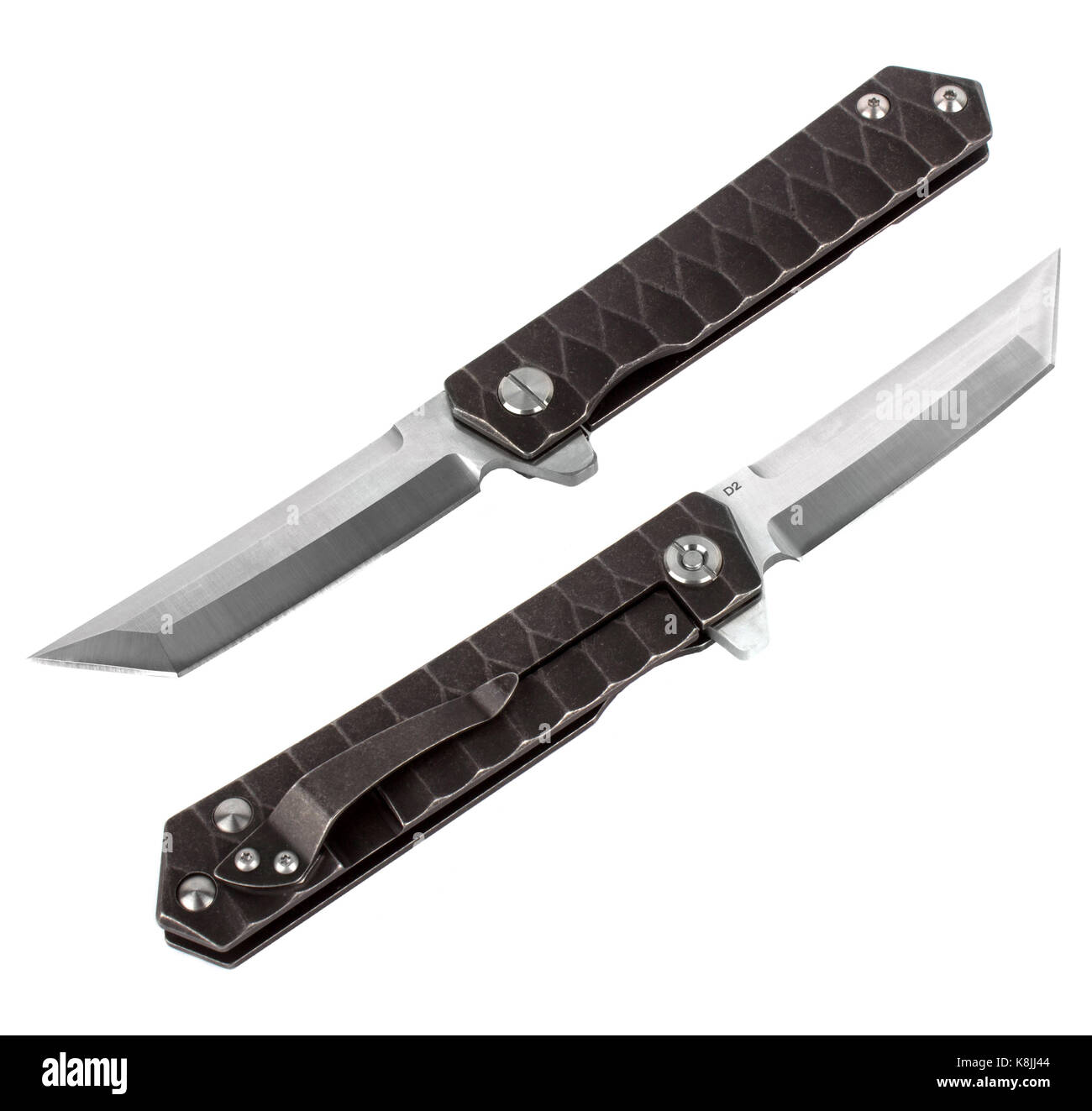 two foldable very sharp pocket knife with tanto blade in a Japanese style and metal handle. in different angles on a white background Stock Photo