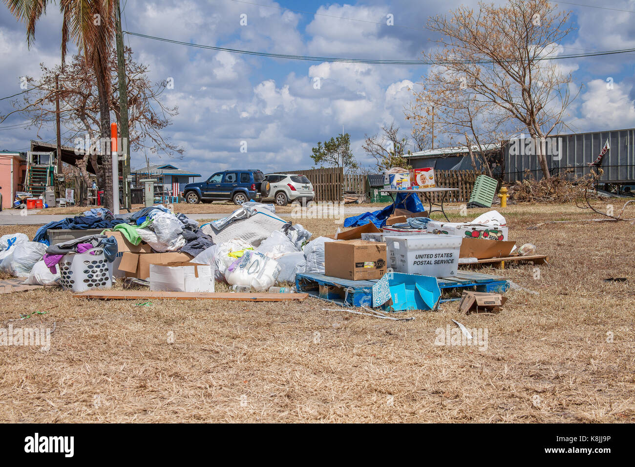 Goodland Florida after Hurricane Irma struck showing damage and Stock