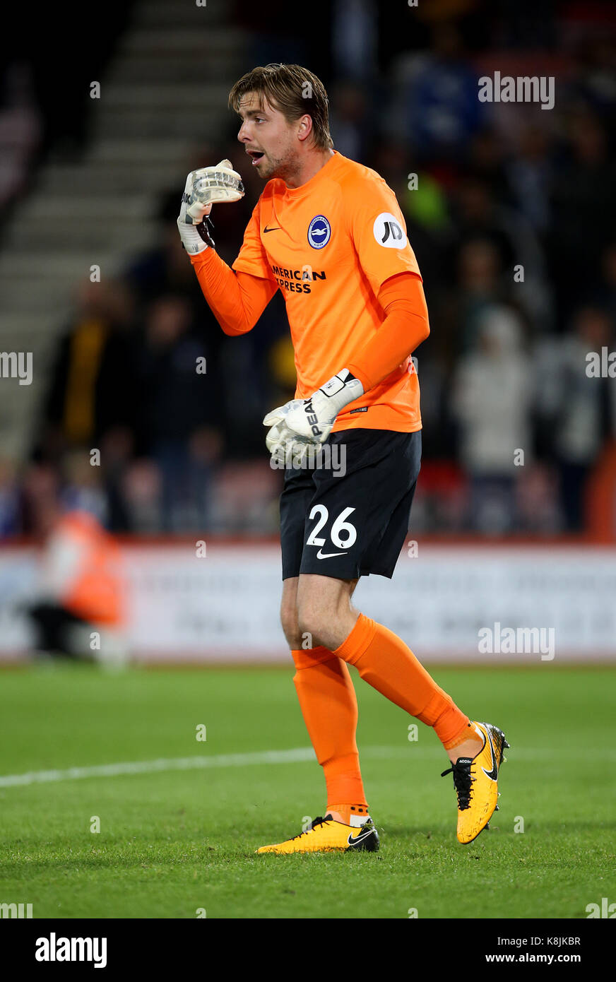 Brighton and Hove Albion Tim Krul during the Carabao Cup, third round match at the Vitality Stadium, Bournemouth. PRESS ASSOCIATION Photo. Picture date: Tuesday September 19, 2017. See PA story SOCCER Bournemouth. Photo credit should read: Steven Paston/PA Wire. RESTRICTIONS: No use with unauthorised audio, video, data, fixture lists, club/league logos or 'live' services. Online in-match use limited to 75 images, no video emulation. No use in betting, games or single club/league/player publications. Stock Photo