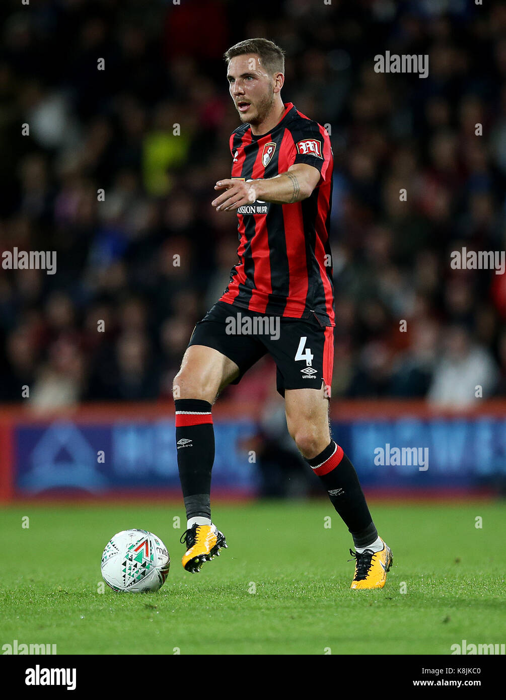 AFC Bournemouth Dan Gosling in action during the Carabao Cup, third round match at the Vitality Stadium, Bournemouth. PRESS ASSOCIATION Photo. Picture date: Tuesday September 19, 2017. See PA story SOCCER Bournemouth. Photo credit should read: Steven Paston/PA Wire. RESTRICTIONS: No use with unauthorised audio, video, data, fixture lists, club/league logos or 'live' services. Online in-match use limited to 75 images, no video emulation. No use in betting, games or single club/league/player publications. Stock Photo