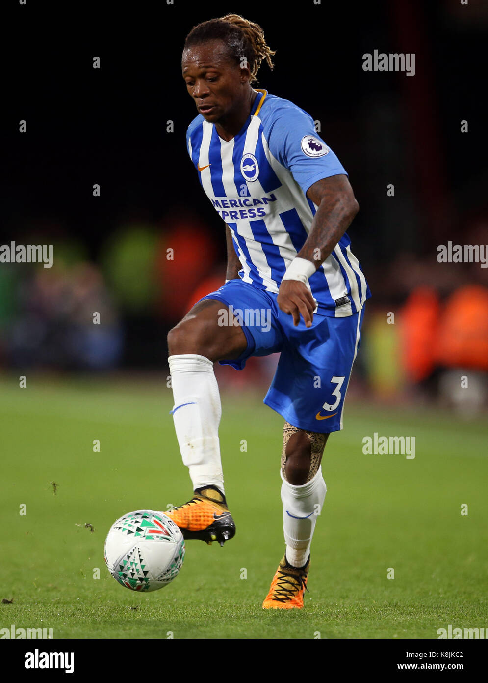 Brighton and Hove Albion Gaetan Bong in action during the Carabao Cup, third round match at the Vitality Stadium, Bournemouth. PRESS ASSOCIATION Photo. Picture date: Tuesday September 19, 2017. See PA story SOCCER Bournemouth. Photo credit should read: Steven Paston/PA Wire. RESTRICTIONS: No use with unauthorised audio, video, data, fixture lists, club/league logos or 'live' services. Online in-match use limited to 75 images, no video emulation. No use in betting, games or single club/league/player publications. Stock Photo