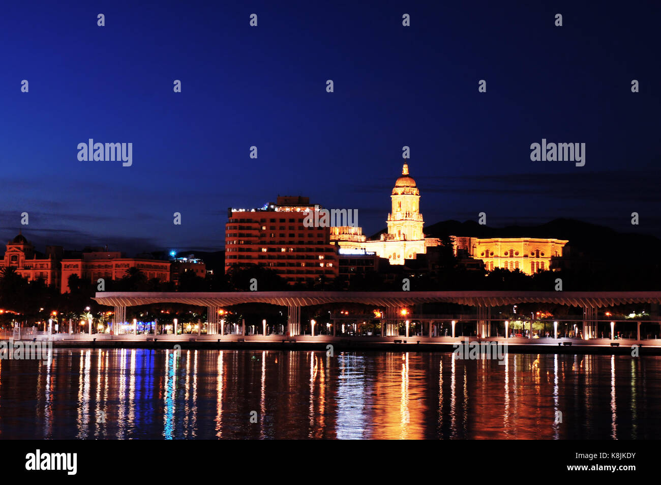 Night panorama of Malaga with sea reflecting tower of the Cathedral and the park Stock Photo