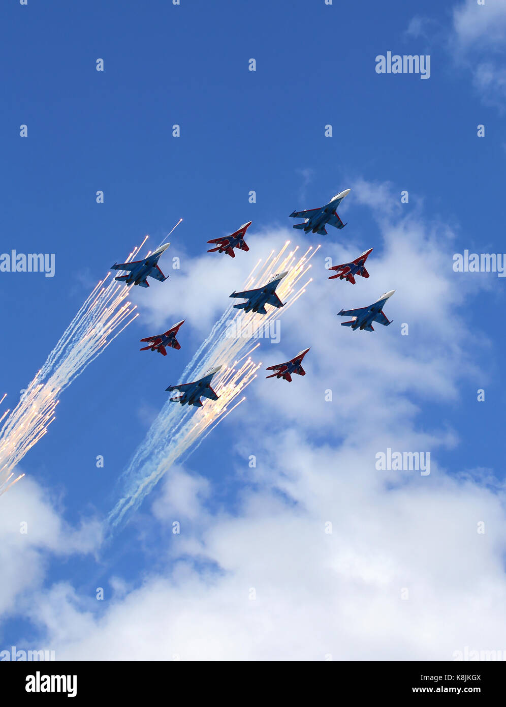 MOSCOW – MAI 5: Aerobatic team of Russian military aircrafts "Swifts ...