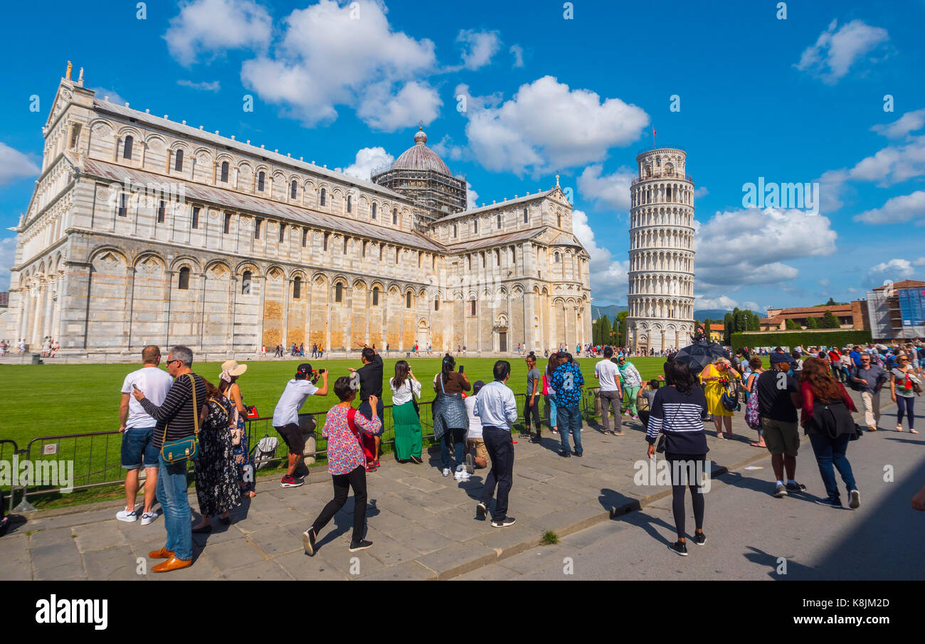 Miracoli Square with Pisa Cathedral and Leaning Tower - PISA TUSCANY ITALY - SEPTEMBER 13, 2017 Stock Photo