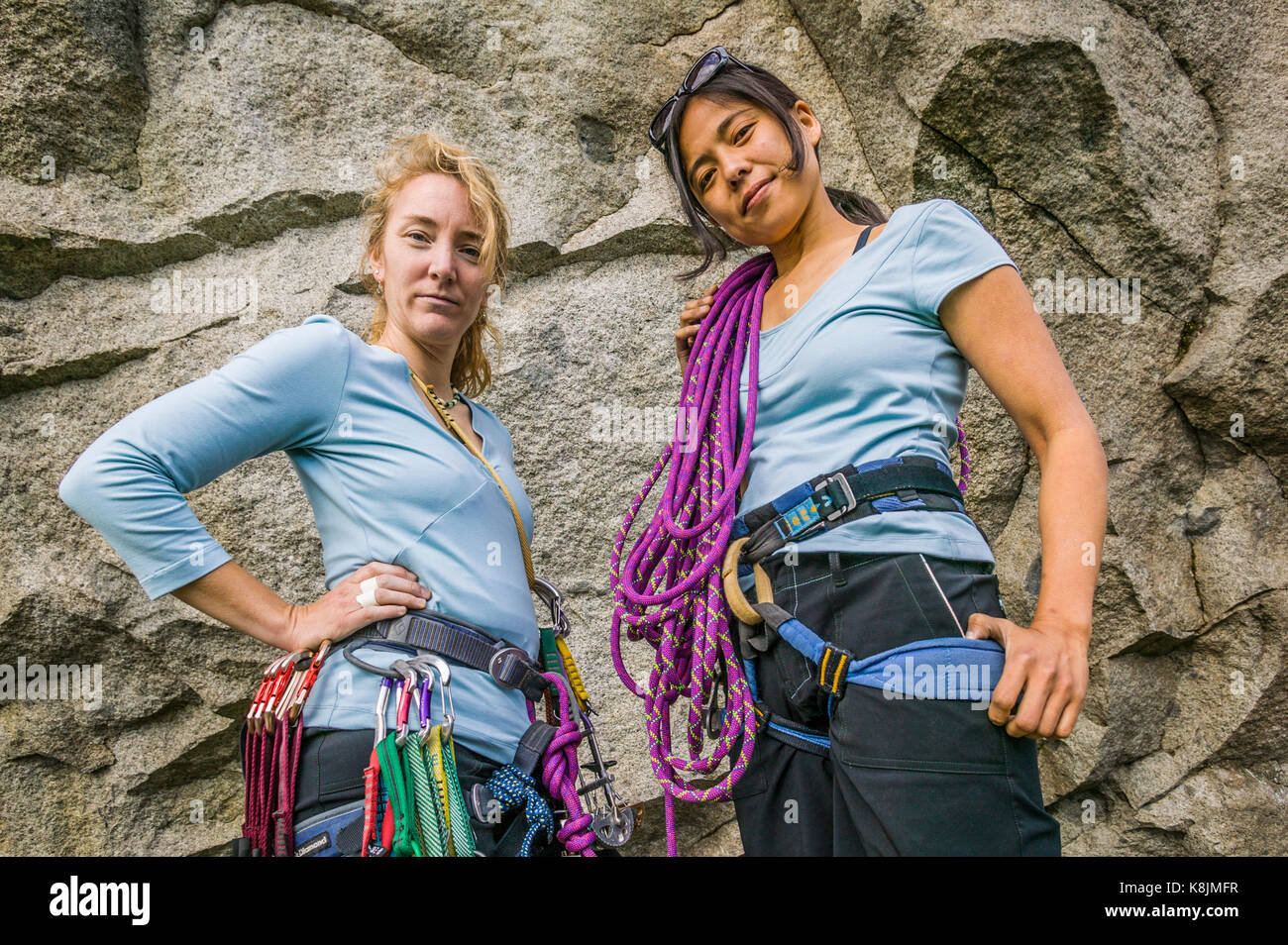 A portrait of two women rock climbers ready to go climbing,the Washington State Cascades, USA Stock Photo