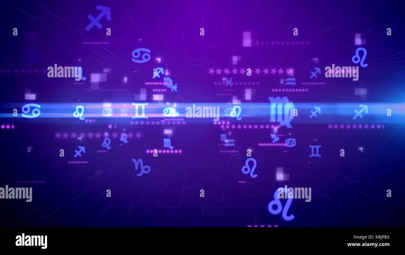 Impressive 3d illustration of flying Zodiac constellation symbols, rows