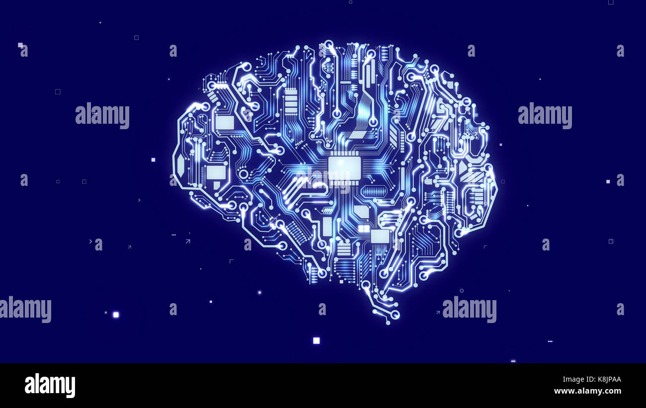 Advanced 3d rendering of an robot looking brain with sparkling circuits ...