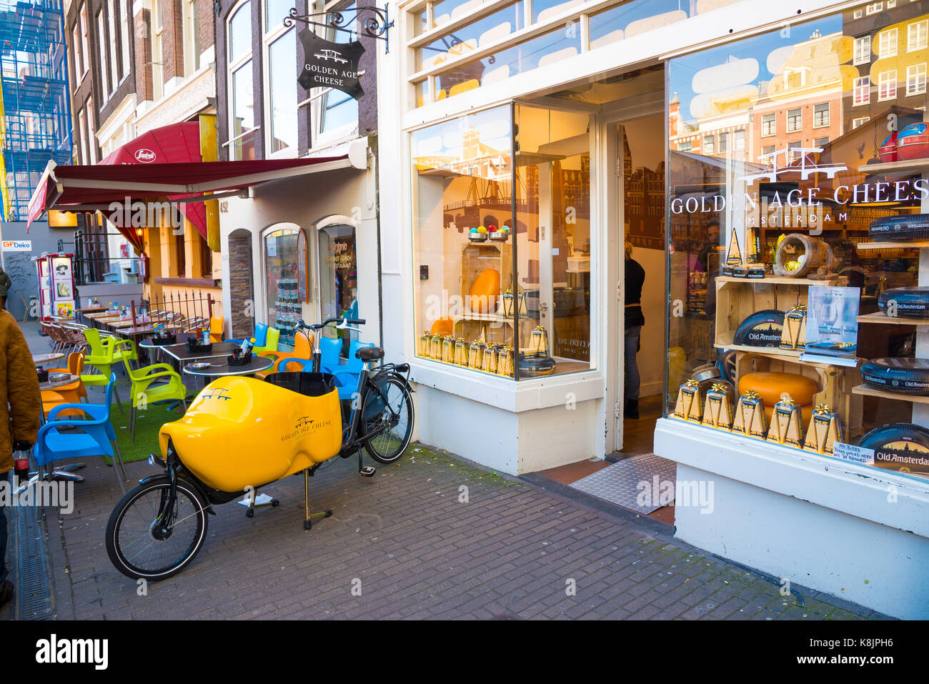 Amsterdam, Netherlands - April 19, 2017: Dutch cheese shop offers large selection of goods, the Netherlands. Stock Photo