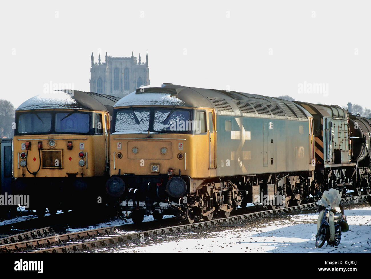 Class 47 locomotive outside York Depot in the snow Stock Photo