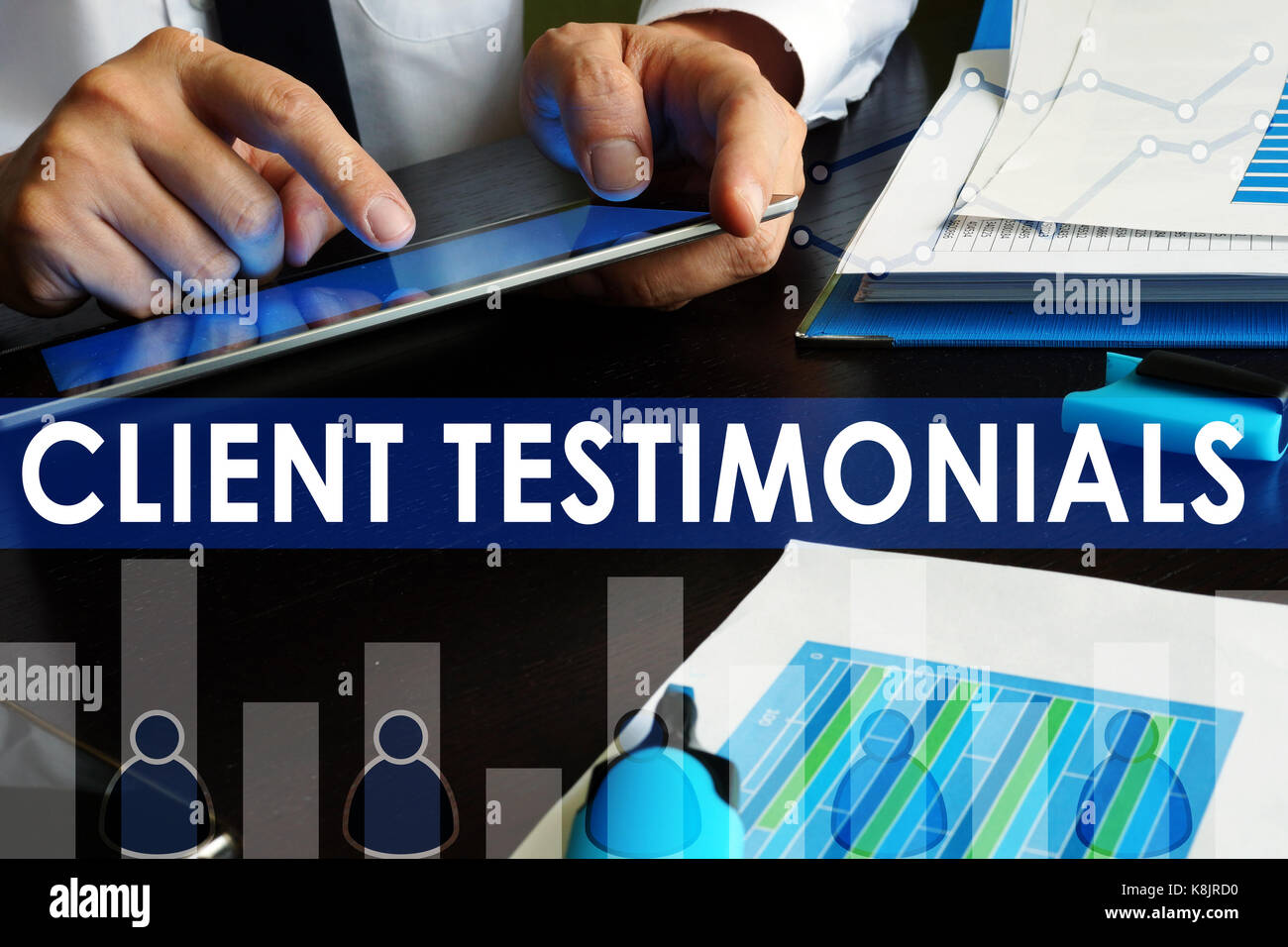 Client testimonials concept. Manager is holding tablet. Stock Photo