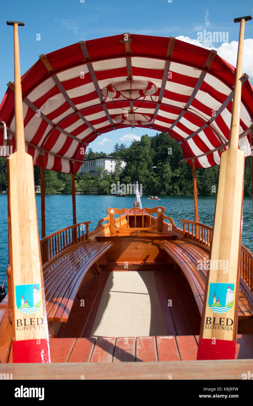 Rowing boat on lake Bled waiting to be hired Stock Photo Alamy
