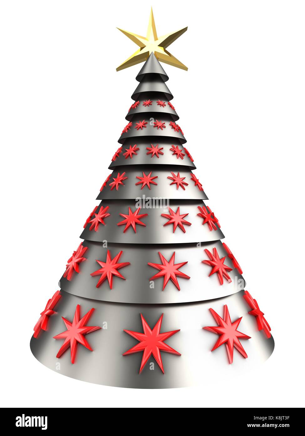 3d illustration of metal Christmas tree over white background with red ...