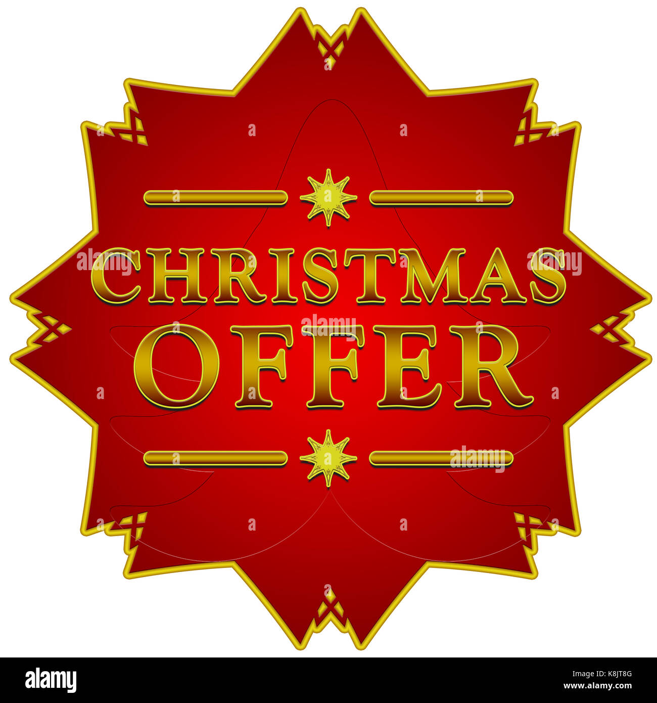 Red christmas offer label - decorative star on white background with golden text Stock Photo