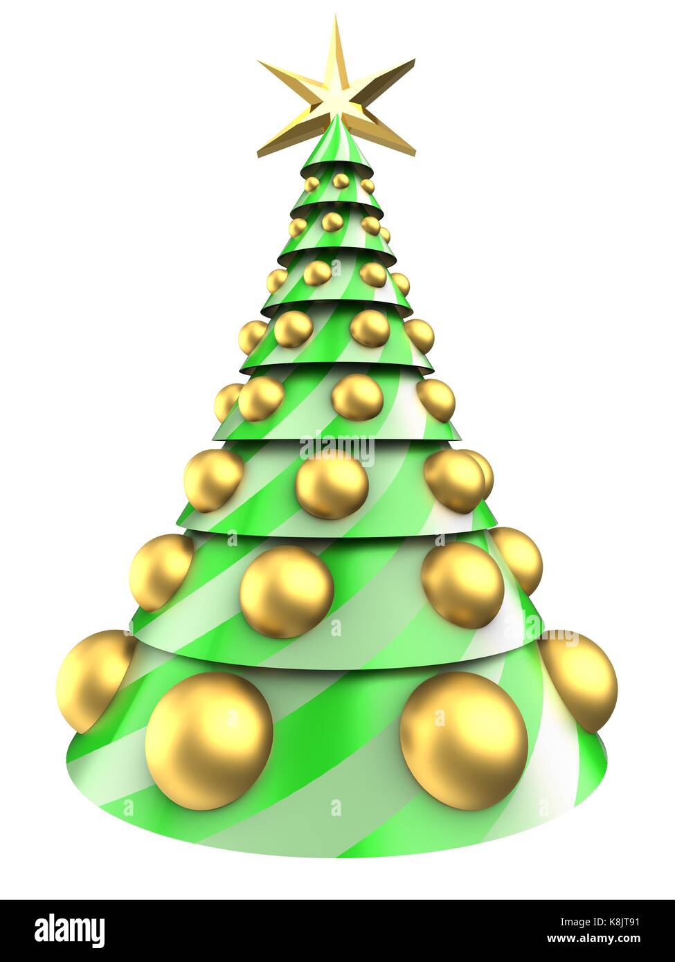 3d illustration of Christmas tree over white background with big golden ...