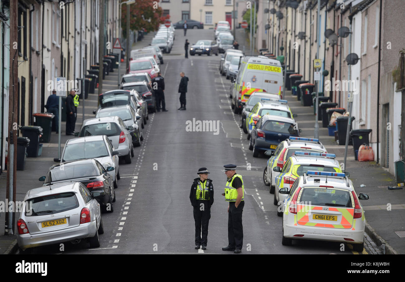 Police in West Street in Newport, after a 48-year-old man and a 30-year-old man were arrested in connection with the Parsons Green terror attack. Stock Photo