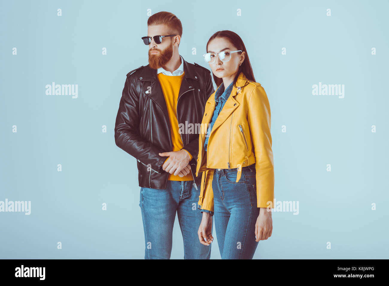 fashionable couple in leather jackets Stock Photo