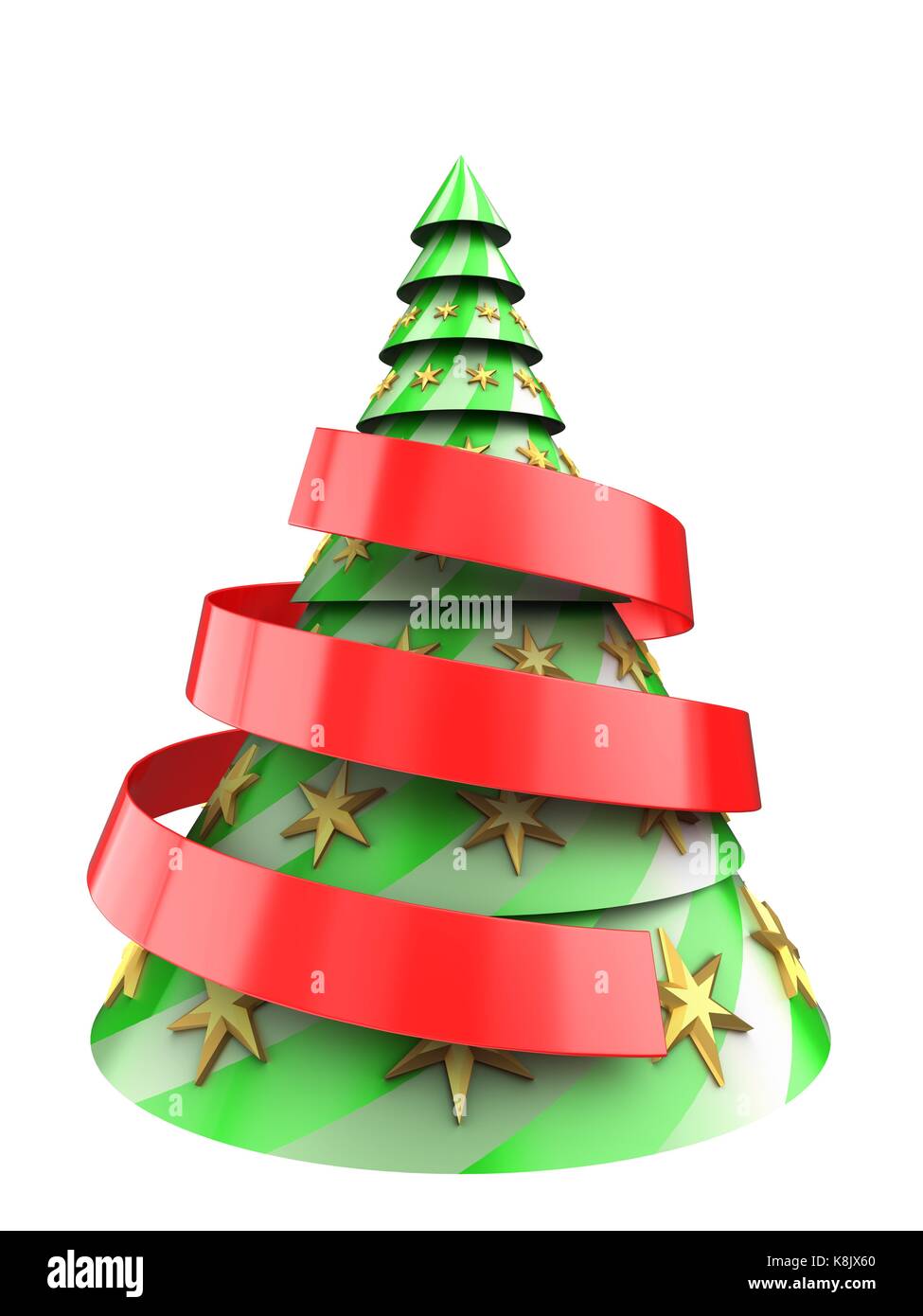 3d illustration of Christmas tree over white background with big ribbon ...