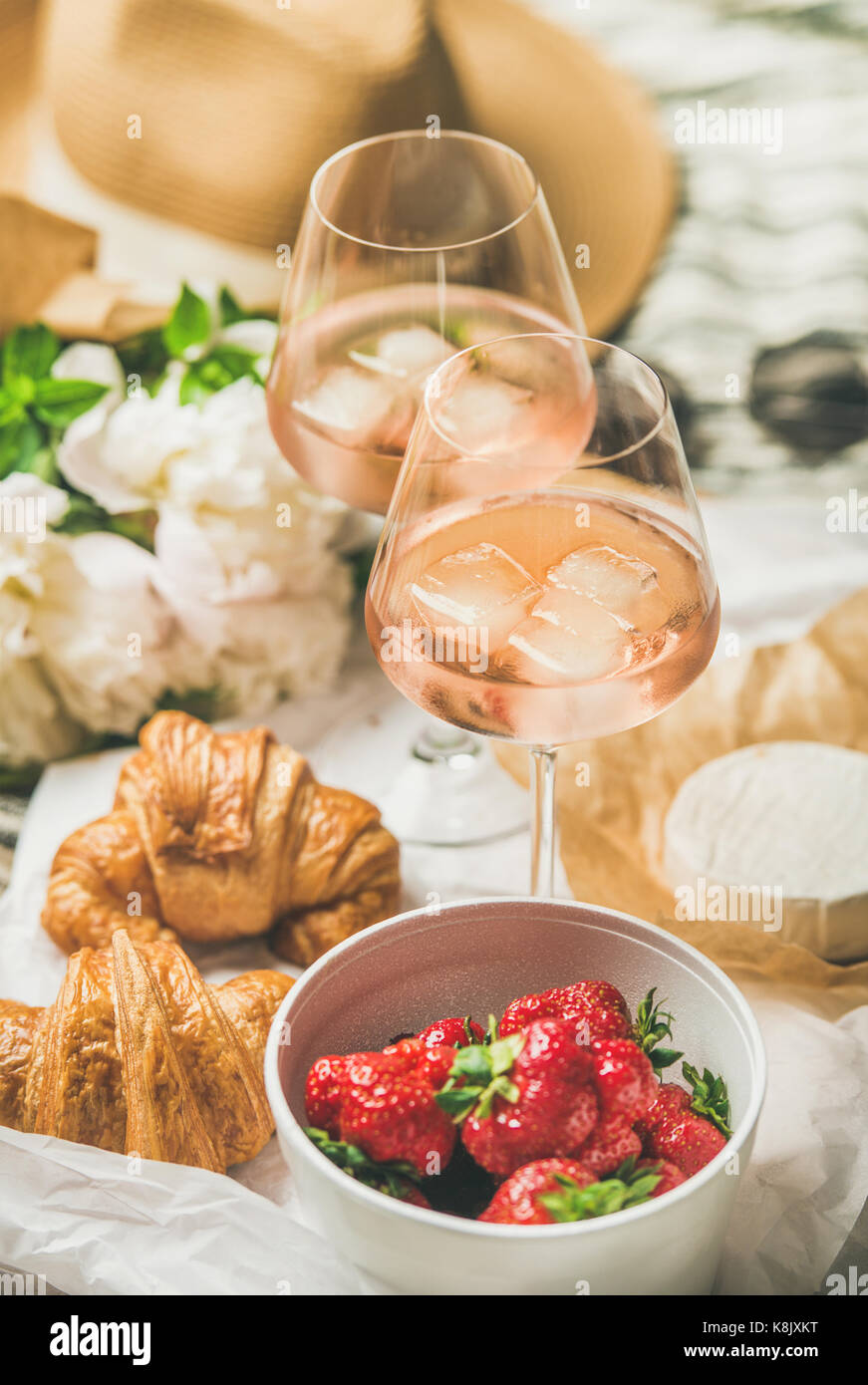French style romantic summer picnic setting with rose wine Stock Photo