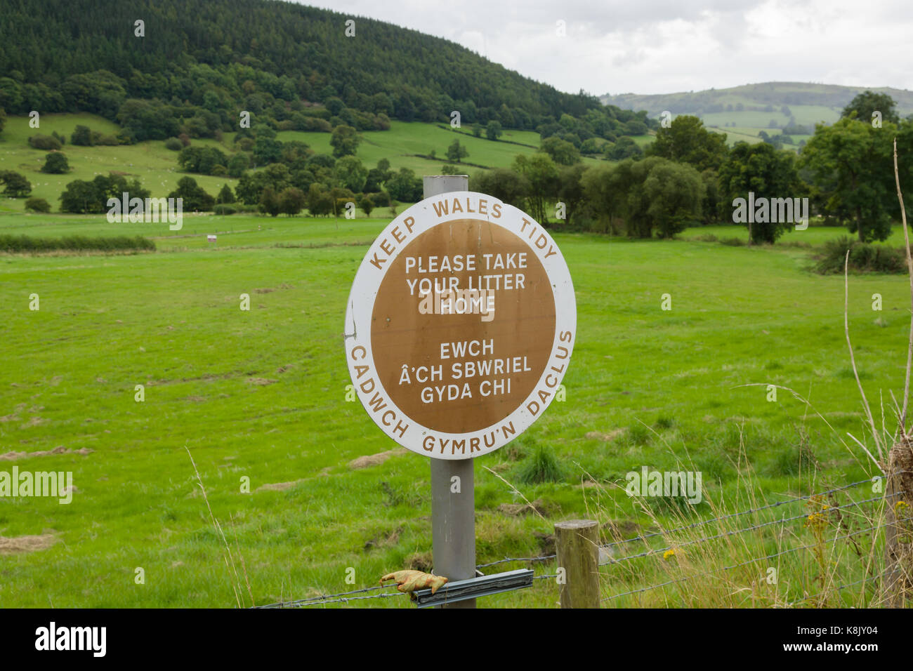 A keep wales tidy sign in a layby in the scenic Tanat Valley warning against the illegal dumping of rubbish Stock Photo