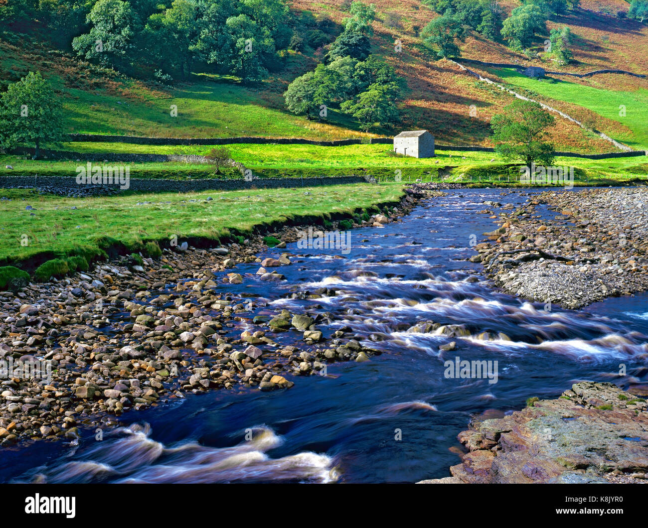 A summer view of the River Swale in the picturesque Yorkshire Dales, England. Stock Photo