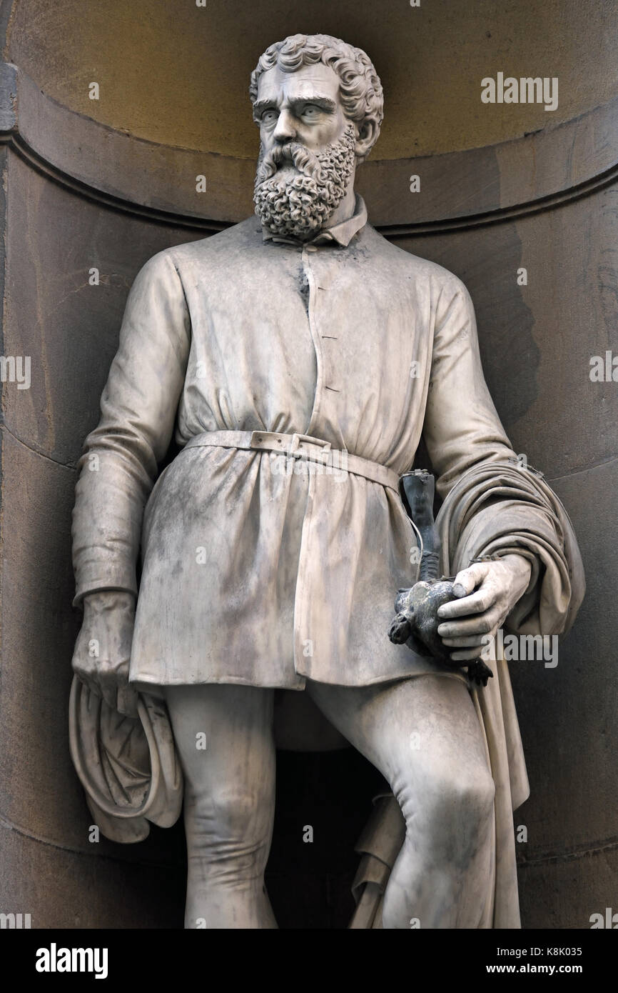 Benvenuto Cellini 1500 –1571 Italian goldsmith, sculptor, draftsman, soldier, musician, and artist who also wrote a famous autobiography and poetry.  Statue at the Uffizi Gallery in Florence, Tuscany Italy. by Ulisse Cambi Stock Photo
