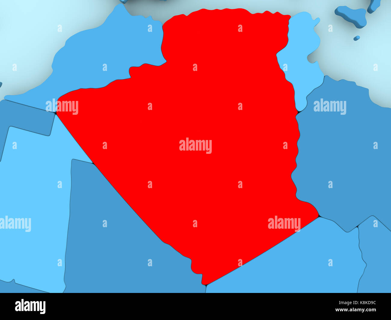 Algeria in red on blue political map. 3D illustration. Stock Photo