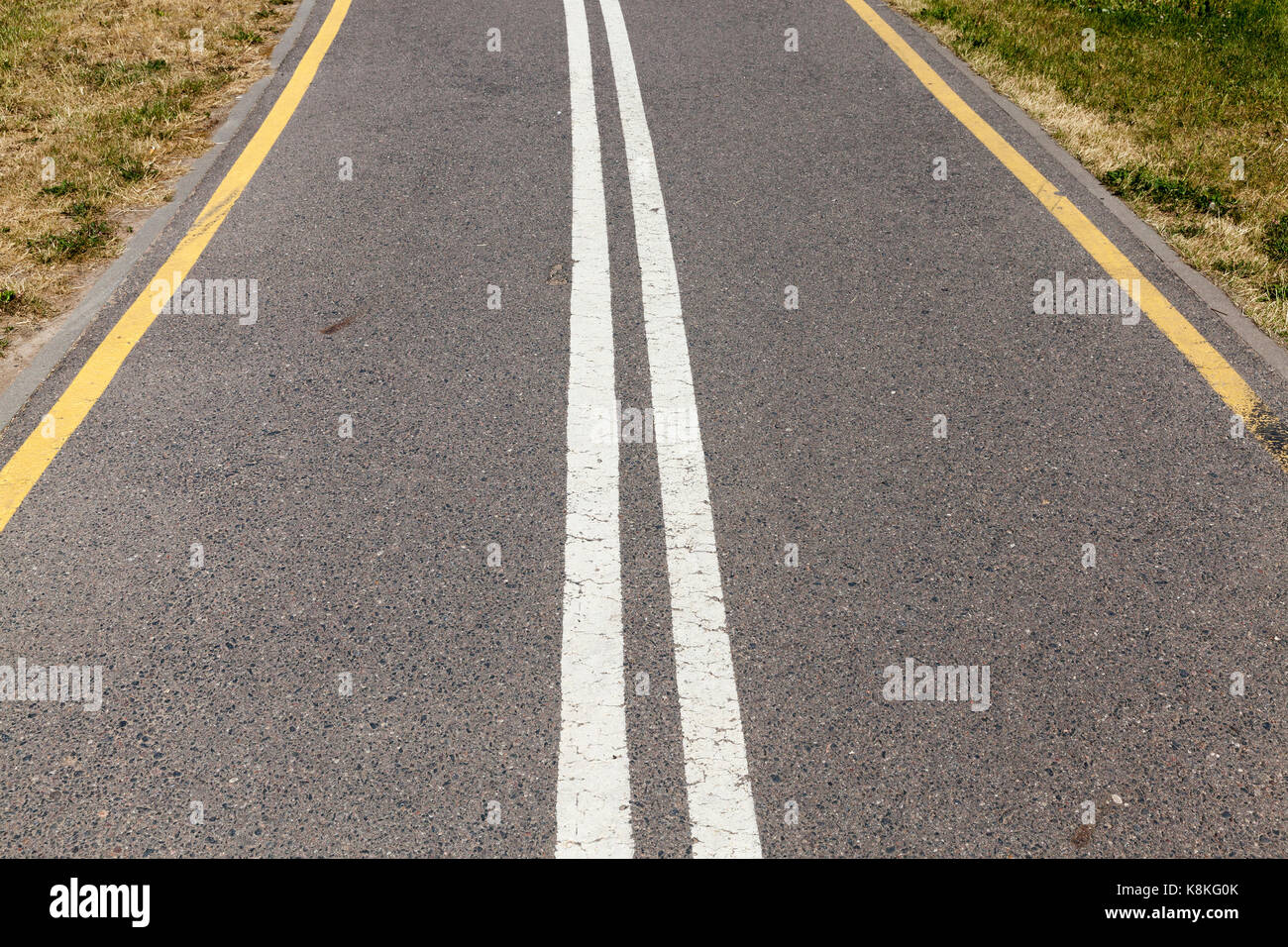 Asphalted road divided into two stripes by white lines. On the edge of
