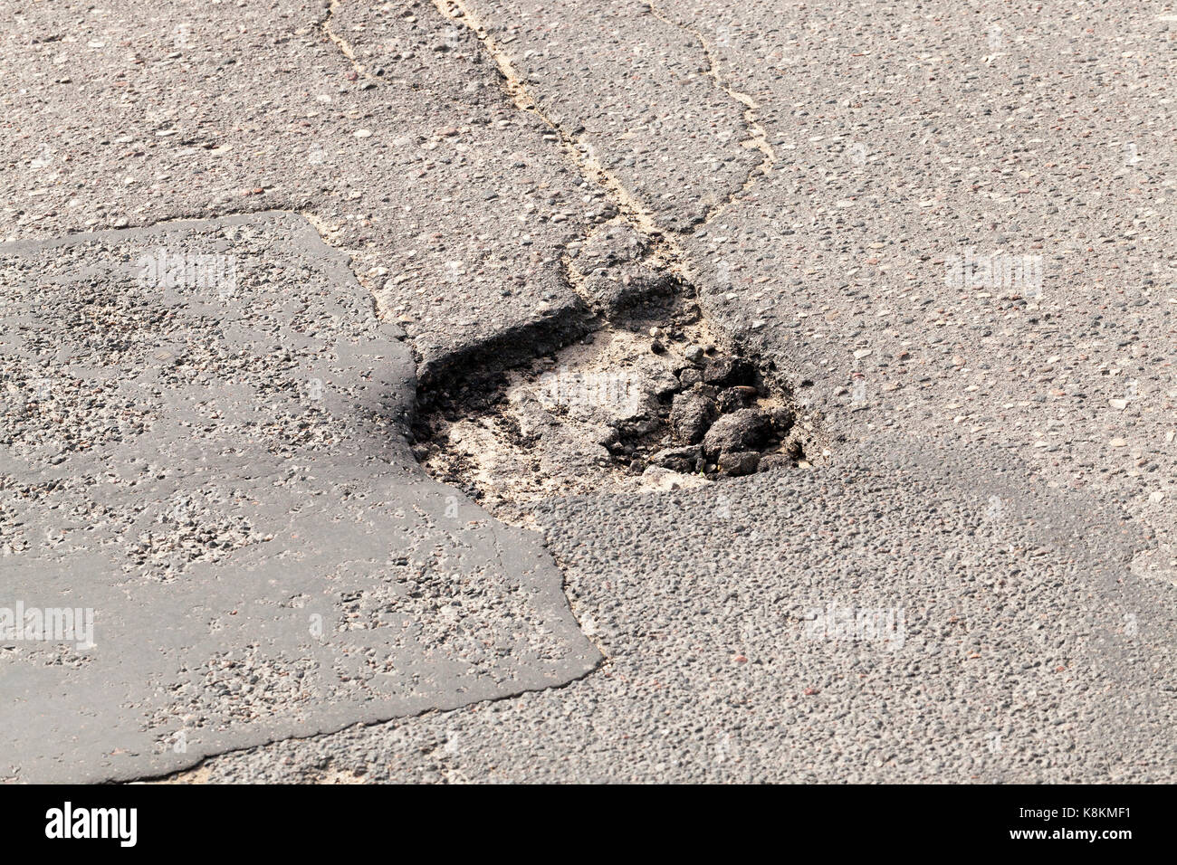 Broken asphalt. Picture of a road with large holes close up. Repair of ...