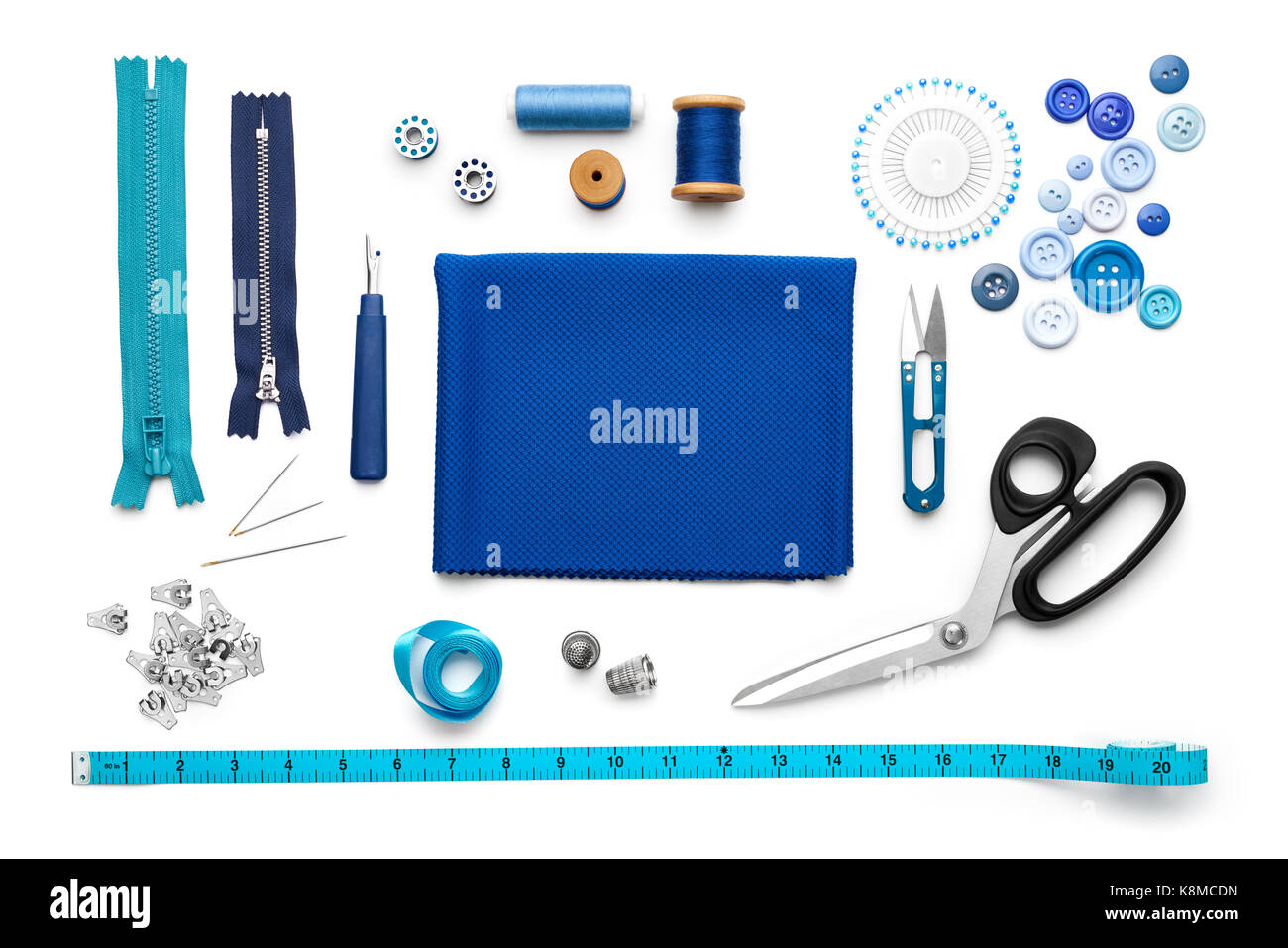 Overhead view of sewing tools and accessories Stock Photo