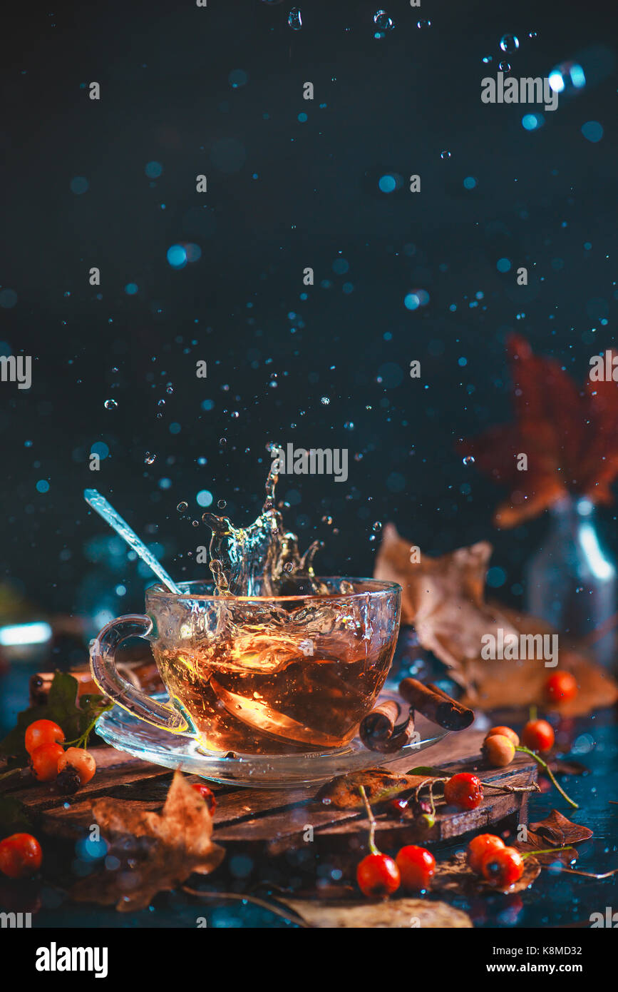 Action autumn still life with tea cup, wooden coaster, autumn leaves and berries, teaspoon and a frozen in motion splash on a dark background. Stock Photo