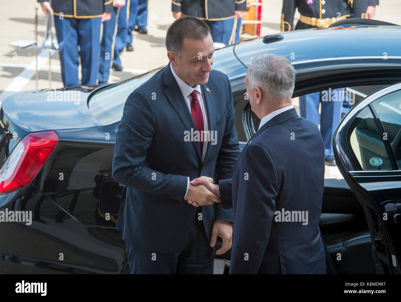Secretary of Defense Jim Mattis hosts a bilateral meeting for Romanian Minister of Defense Mihai-Viorel Fifor Sept. 19, 2017, Stock Photo