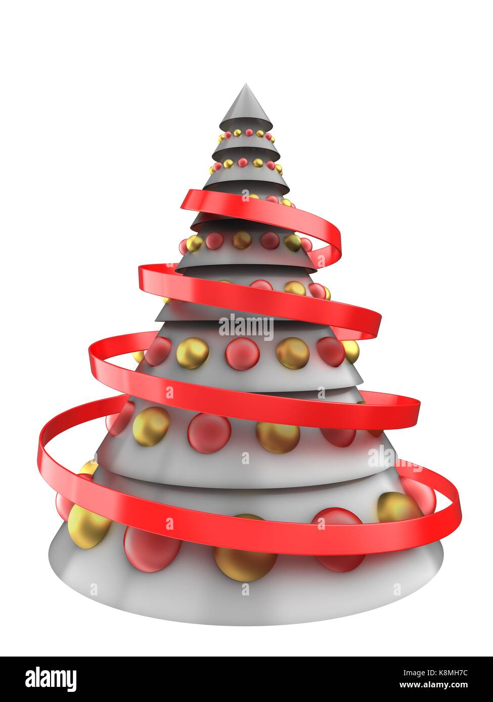 3d illustration of white Christmas tree over white background with red ...