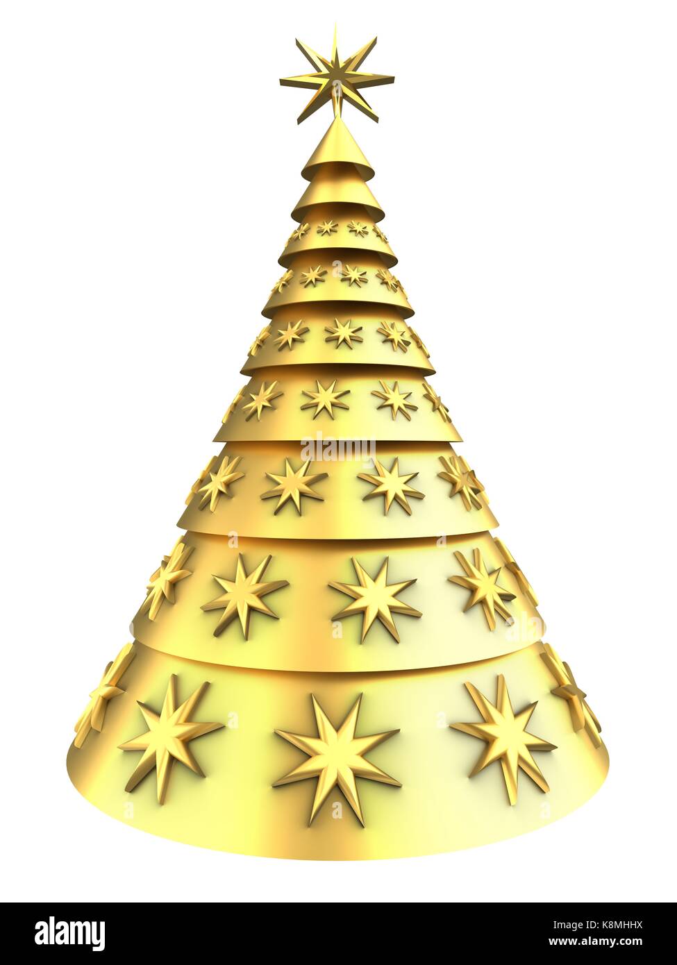 3d illustration of golden Christmas tree over white background with ...