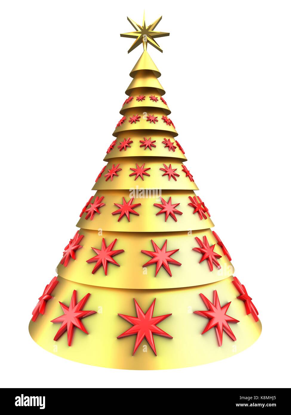 3d illustration of golden Christmas tree over white background with red ...