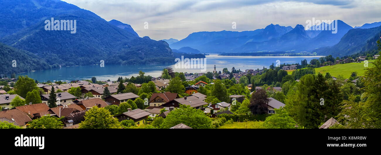 Aerial view of St. Gilgen village and Wolfgangsee lake, Austria Stock ...