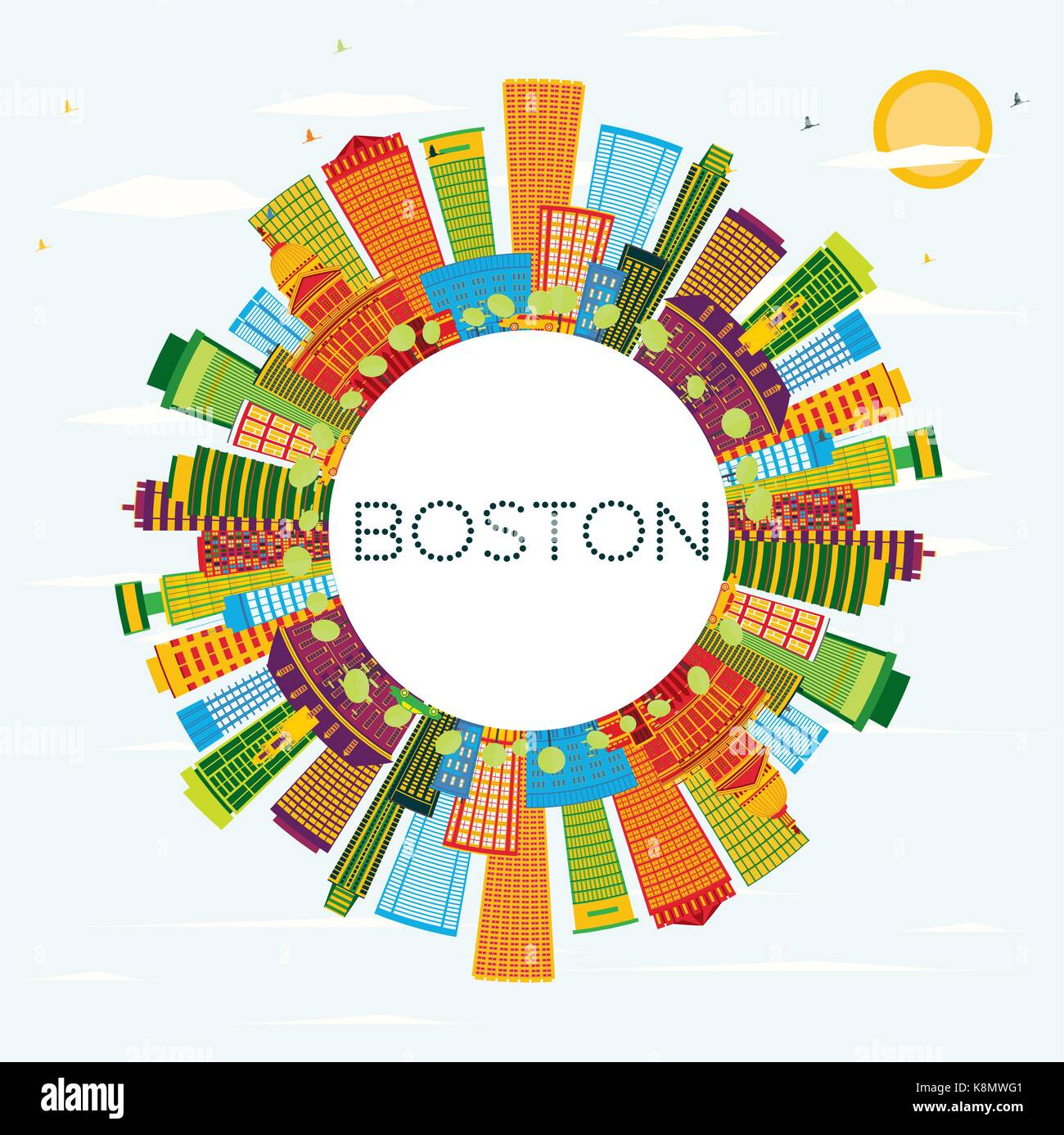 Boston Skyline with Color Buildings, Blue Sky and Copy Space. Vector Illustration. Business Travel and Tourism Concept with Modern Buildings. Stock Vector