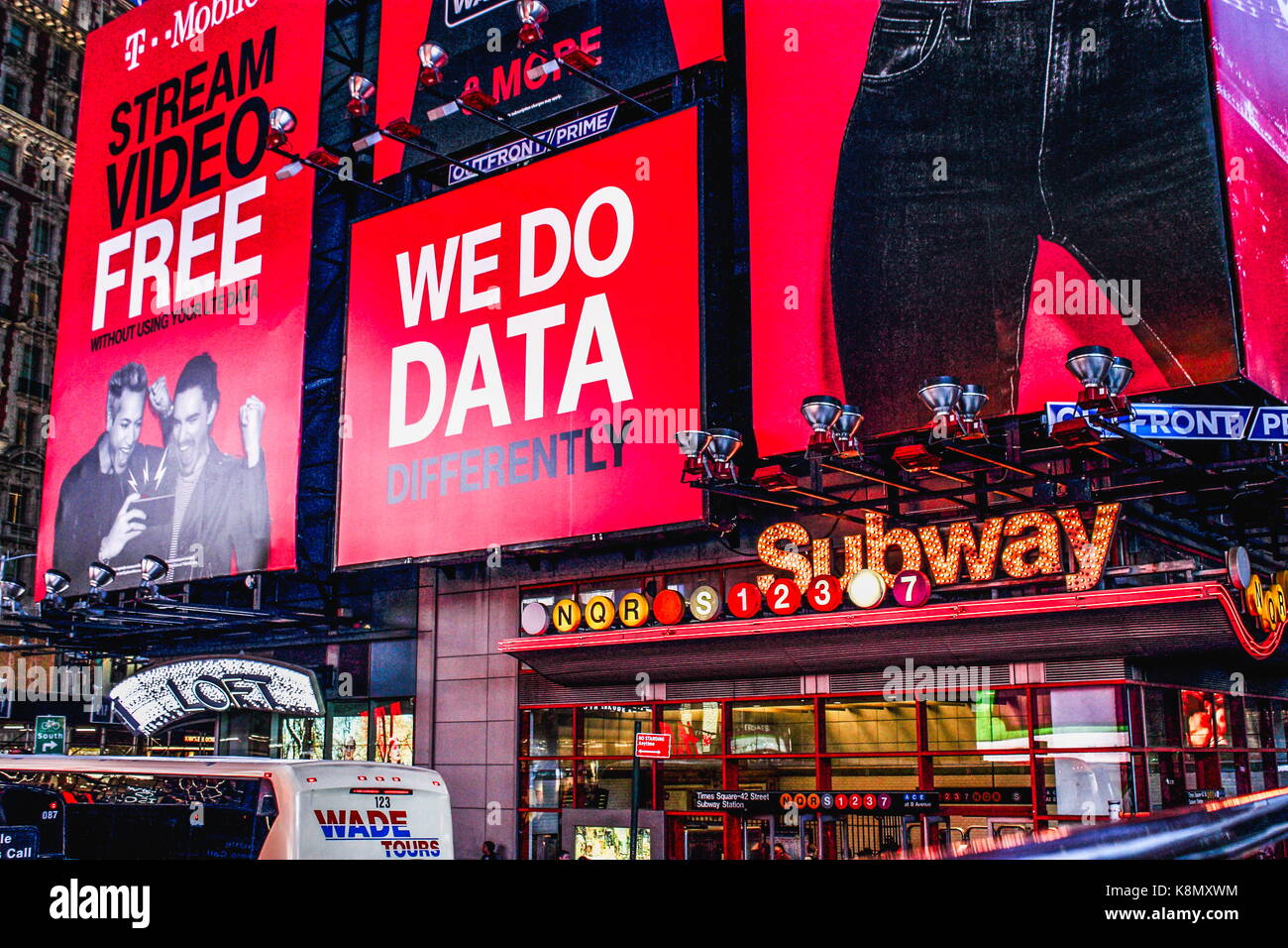 New York, USA - September 2016:  Large Billboards above the Times Square–42nd Street Subway station located 42nd Street, Seventh Stock Photo