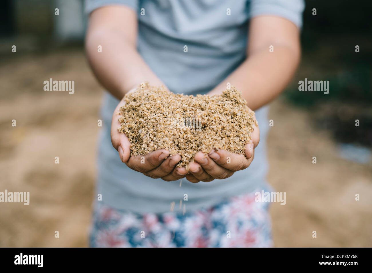 kid showing a sand with hand (selective focus).kids growth developmant,kids activity,kids hygiene concept Stock Photo