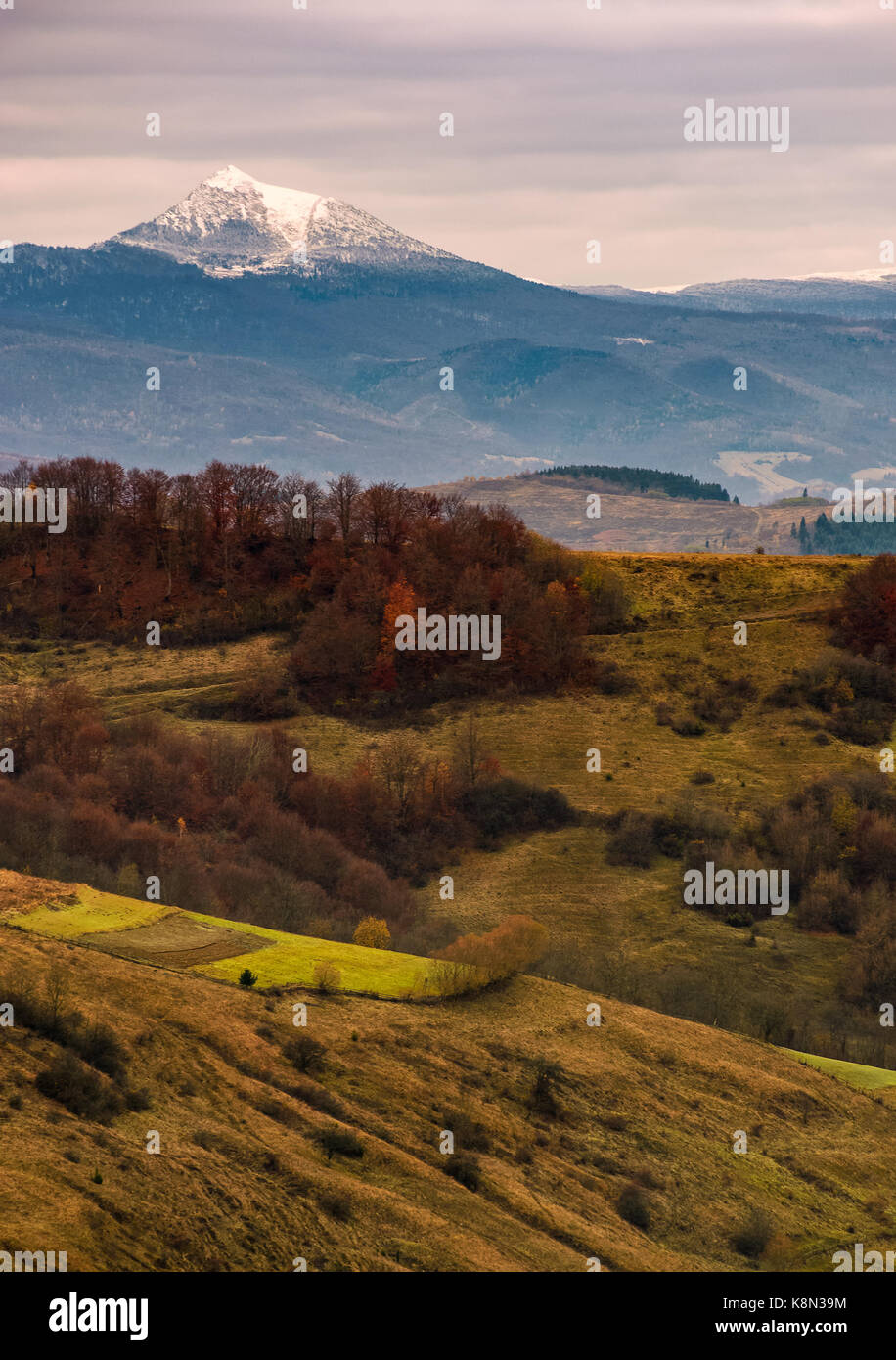snowy peak behind the rolling hills in autumn under overcast sky Stock Photo
