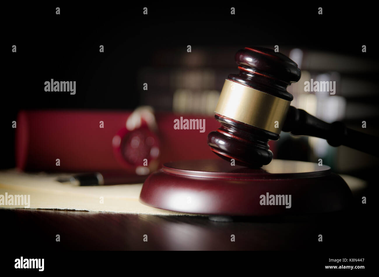 Law gavel in courtroom. Legal system justice concept. Stock Photo