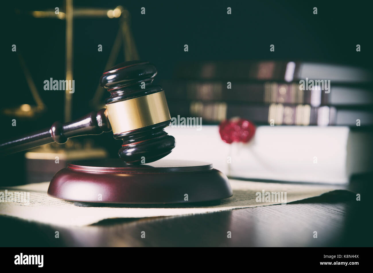 Law gavel in courtroom. Legal system justice concept. Stock Photo