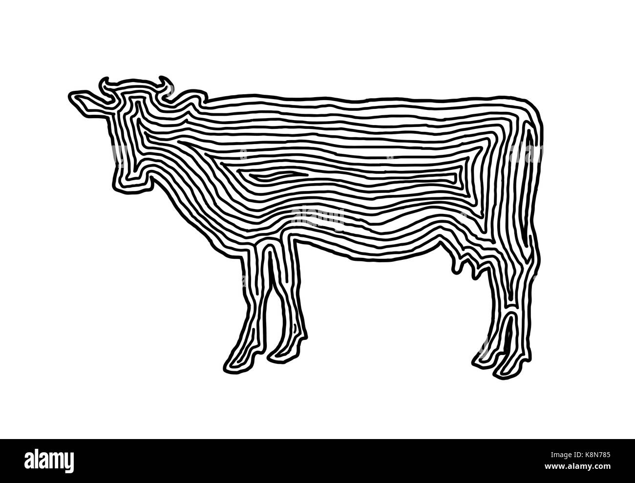 A cow illustration icon in black offset line. Fingerprint style for logo or background design. Stock Vector